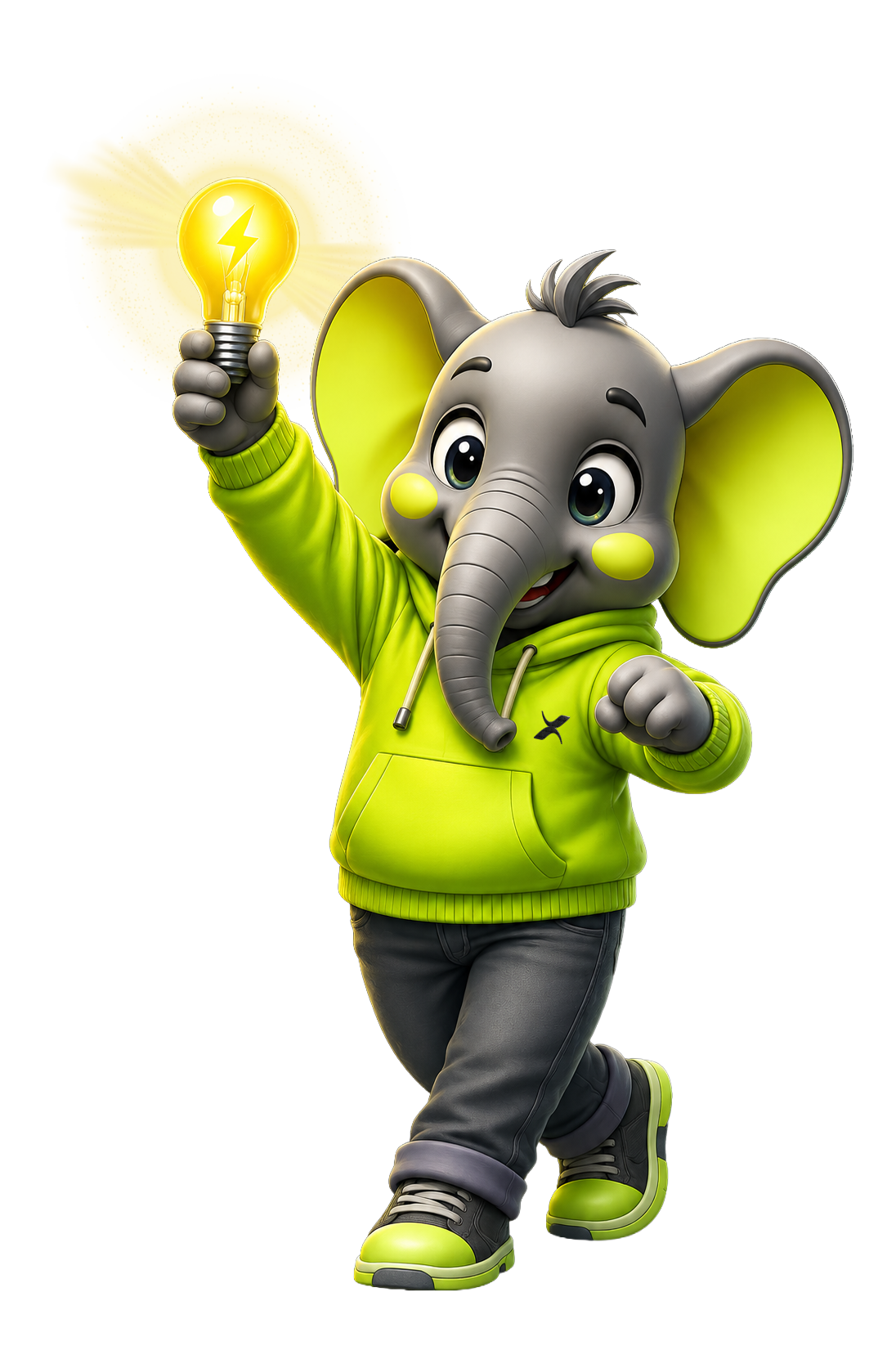 Idea Blitz mascot holding a glowing lightbulb